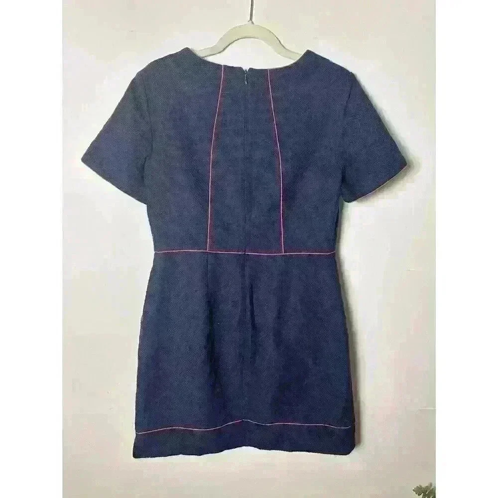 Boden Jane Woven Textured Sheath Dress‎ Size 8 P Navy Blue Red Piping Pockets - Picture 2 of 4